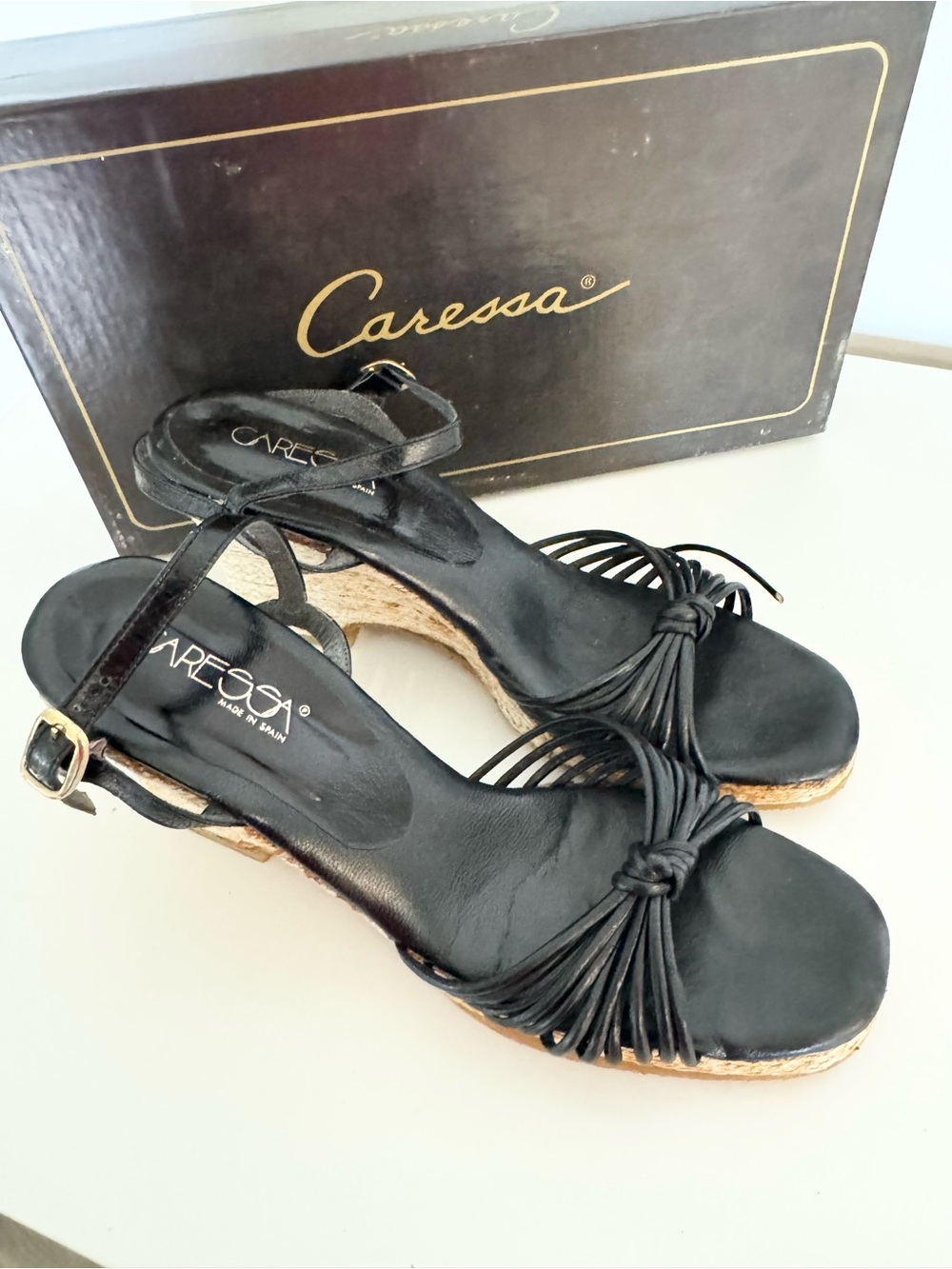 Black Knot-Detail Wedge Sandals vintage original box